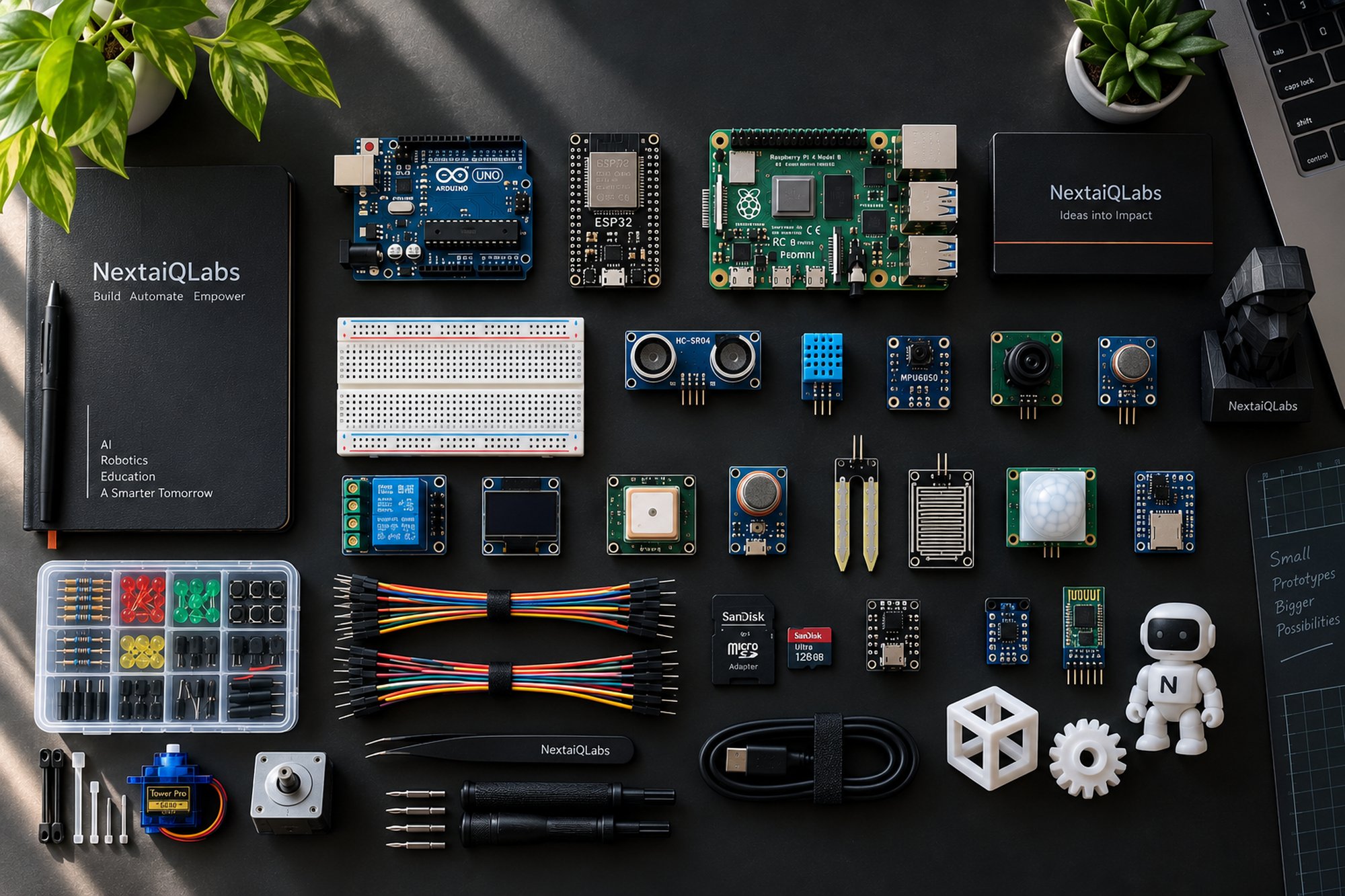 The nextaiQlabs kit laid out: Arduino Uno, ESP32, Raspberry Pi, breadboards, ultrasonic and motion sensors, servo, jumper wires and prototyping parts